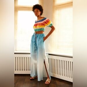 NWT A Mere Co. Women's Blue Ombre Linen Blend Wide Leg Pleated Pants Sz Small